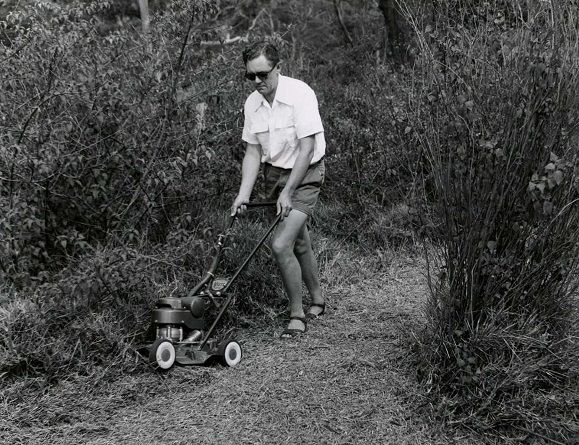 Male model demonstrates Victa Lawnmowers 